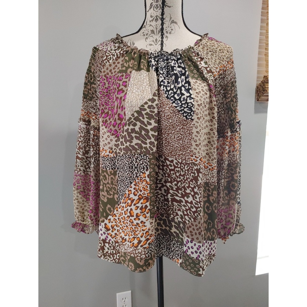 Est. 1946 Animal Print Blouse XL Boho Smock Peasant Patchwork Leopard Tunic